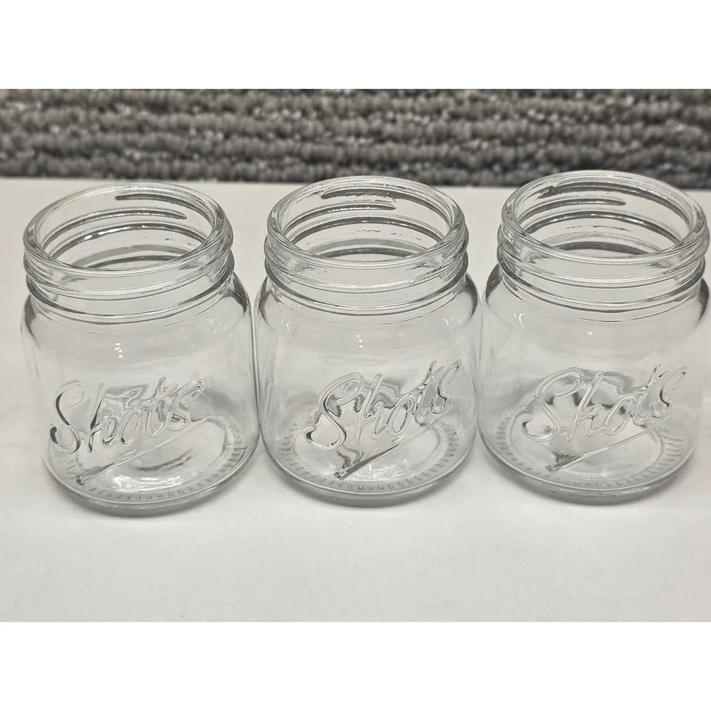 Set of 3 Mini‎ Mason Jar Shot Glasses Clear Glass Embossed Shots Script 2oz